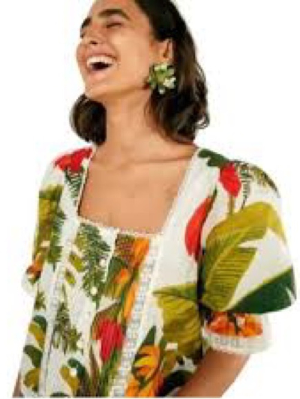 Farm Rio Cocoa Forest Blouse L Square-Neck Puff Sleeve Top in White and Green